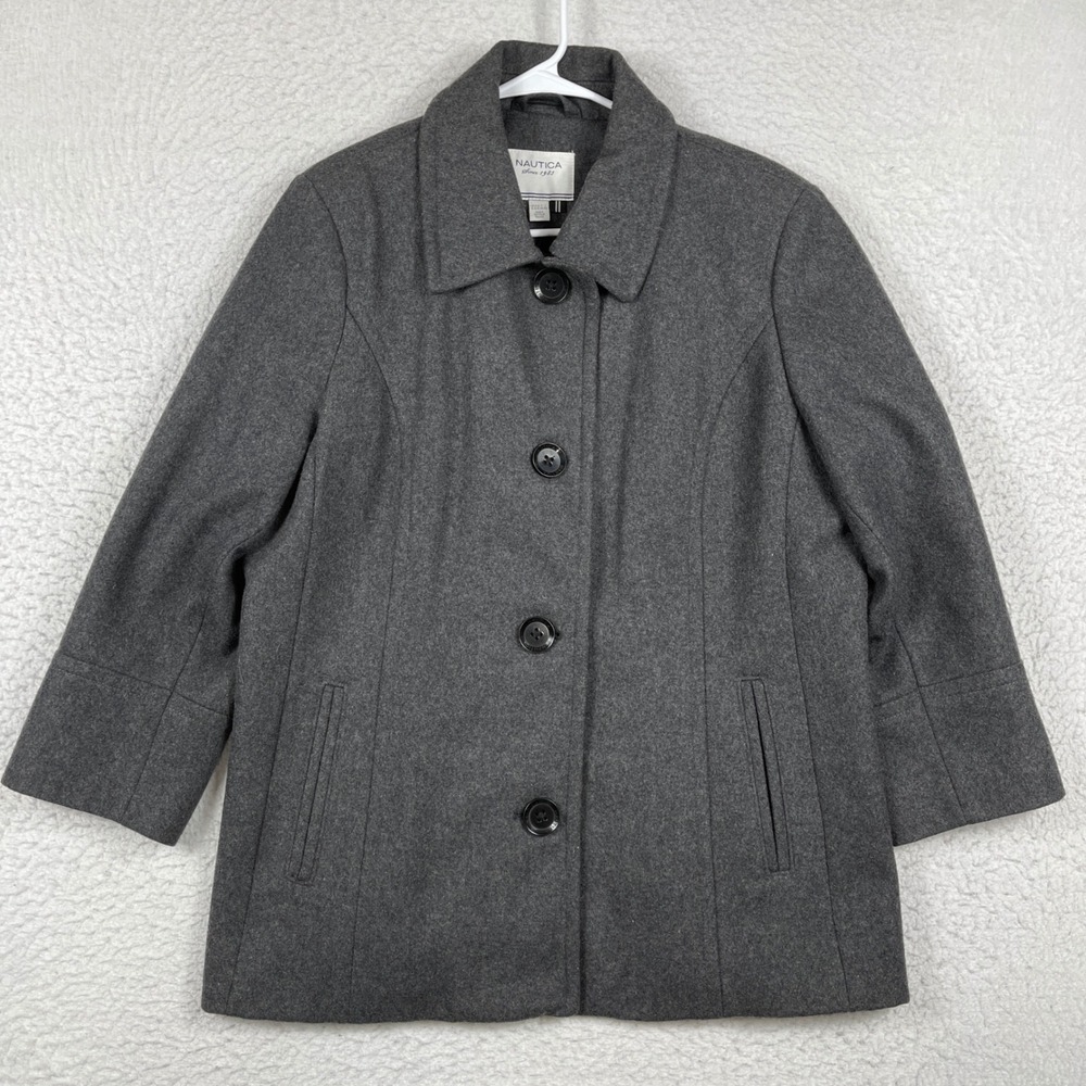 Nautica Pea Coat Womens XL Gray Wool Blend Button Front Collared Jacket